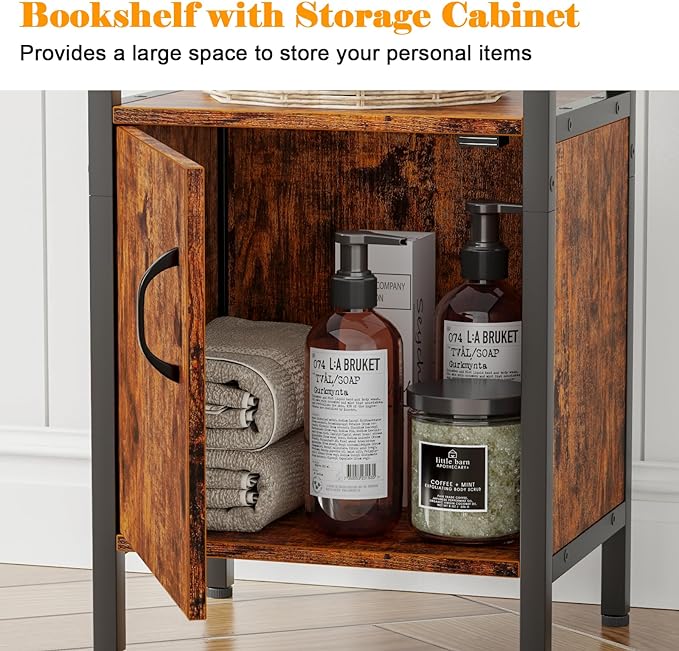 Furologee 5-Tier Bookshelf, Narrow Shelf with Storage Cabinet for Bedroom, Metal and Wood Shelf, Industrial Freestanding Display Tall Shelf for Living Room, Home Office, Bathroom, Rustic Brown - LeafyLoom
