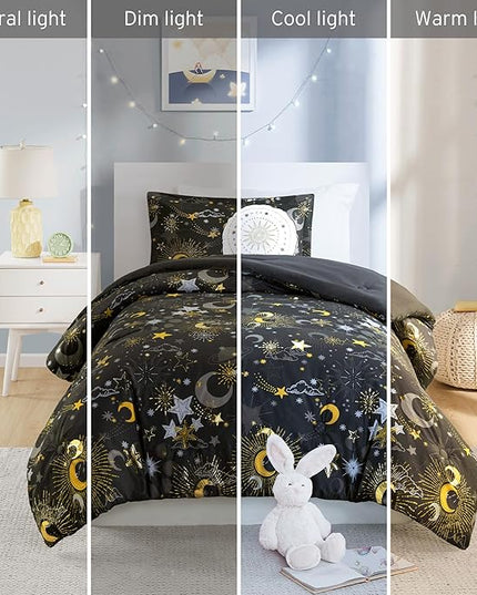 Mi Zone Kids Full Comforter Set, Celestial Metallic Comforter Set Starry Sky, Moon & Sun Comforter, All Seasons Lightweight & Fluffy Comforter Bed Set, 2 Shams, Celia, Full/Queen Charcoal/Gold 4 Piece - LeafyLoom