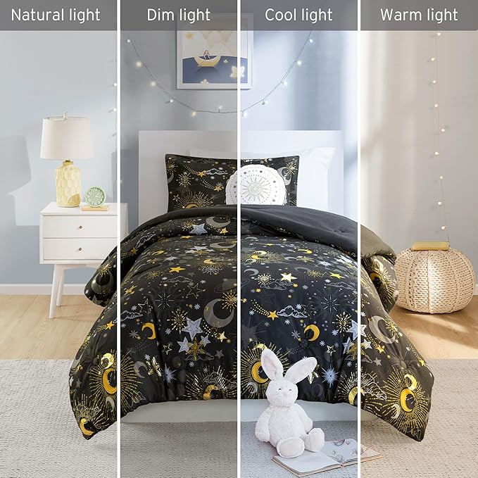 Mi Zone Kids Full Comforter Set, Celestial Metallic Comforter Set Starry Sky, Moon & Sun Comforter, All Seasons Lightweight & Fluffy Comforter Bed Set, 2 Shams, Celia, Full/Queen Charcoal/Gold 4 Piece - LeafyLoom