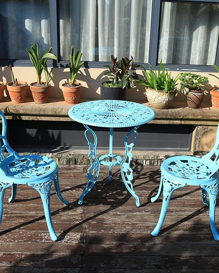 KAI LI Outdoor Furniture Bistro Set with Rose Pattern 1 Table 2 Chairs for Garden Patio Porch (Rose-Light Blue) - LeafyLoom
