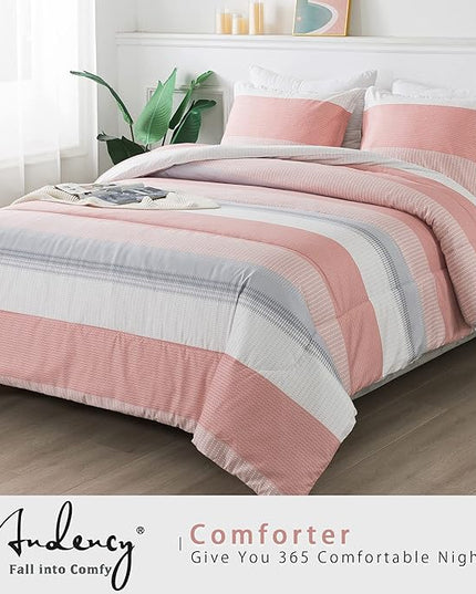 Andency Stripe Comforter Set Queen Size (90x90 Inch), 3 Pieces Pink Patchwork Striped Comforter, Soft Microfiber Down Alternative Comforter Bedding Set with Corner Loops - LeafyLoom