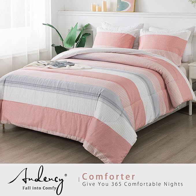 Andency Stripe Comforter Set Full Size (79x90 Inch), 3 Pieces Pink Patchwork Striped Comforter, Soft Microfiber Down Alternative Comforter Bedding Set with Corner Loops - LeafyLoom