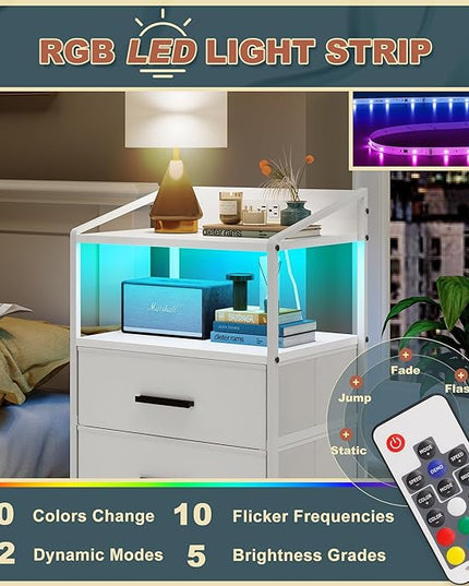 Nightstand 4 Drawer Dresser with LED Lights and Charging Station, Vertical Side Table with Fabric Drawers, End Table with Open Shelf, Tall Dresser for Bedroom, Hallway, Entryway, White - LeafyLoom