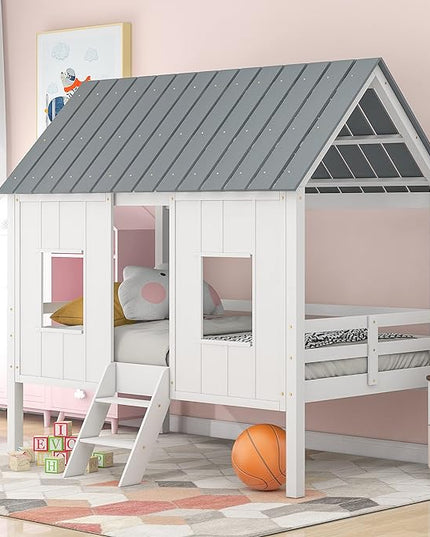 Twin Size Low Loft House Bed with Roof and Two Front Windows, Perfect for Kids Bedroom,Space Saving Design & No Box Spring Needed,80.4"x45.2"x71.4", White - LeafyLoom