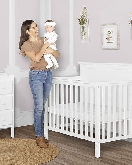Ava 4-in-1 Convertible Mini Crib in White, Greenguard Gold Certified, Non-Toxic Finish, Comes with 1" Mattress Pad, with 3 Mattress Height Settings - LeafyLoom