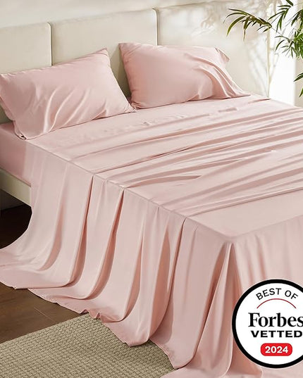 Bedsure Queen Sheets, Rayon Derived from Bamboo, Queen Cooling Sheet Set, Deep Pocket Up to 16", Breathable & Soft Bed Sheets, Hotel Luxury Silky Bedding Sheets & Pillowcases, Pink - LeafyLoom