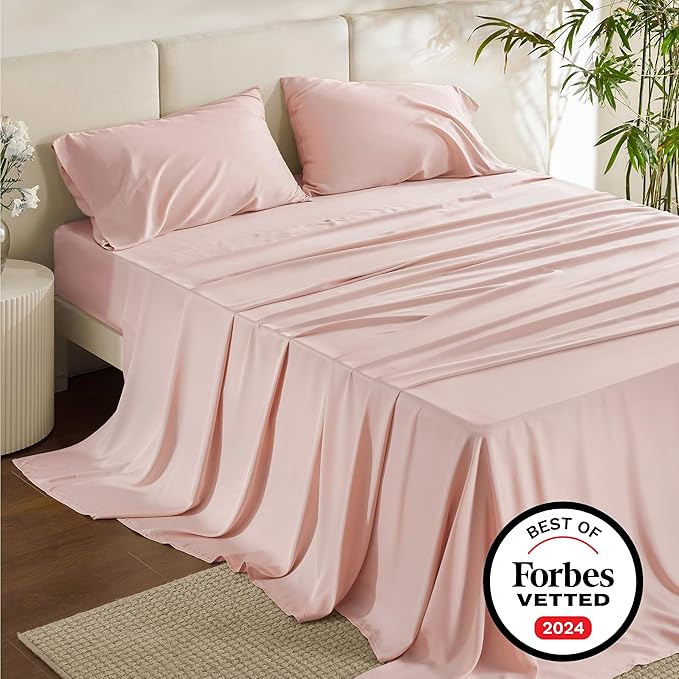 Bedsure Queen Sheets, Rayon Derived from Bamboo, Queen Cooling Sheet Set, Deep Pocket Up to 16", Breathable & Soft Bed Sheets, Hotel Luxury Silky Bedding Sheets & Pillowcases, Pink - LeafyLoom
