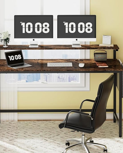 Shintenchi 55 inch Computer Desk with Monitor Stand, Stable Design Writing Desk, Study Workstation Home Office Table with Storage Bag & Hook, Vintage Brown - LeafyLoom