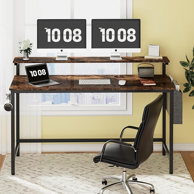 Shintenchi 55 inch Computer Desk with Monitor Stand, Stable Design Writing Desk, Study Workstation Home Office Table with Storage Bag & Hook, Vintage Brown - LeafyLoom