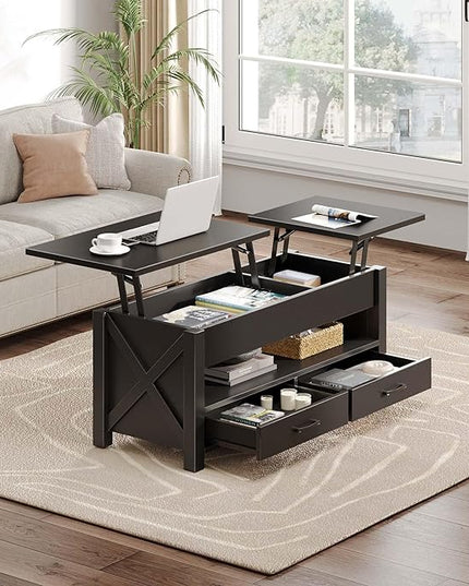 Seventable Coffee Table, 47.2" Lift Top Coffee Table with 2 Storage Drawers and Hidden Compartment, X Wood Farmhouse Support, Retro Center Table with Lift Tabletop for Living Room,Black - LeafyLoom