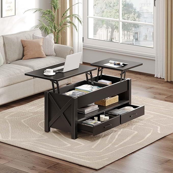 Seventable Coffee Table, 47.2" Lift Top Coffee Table with 2 Storage Drawers and Hidden Compartment, X Wood Farmhouse Support, Retro Center Table with Lift Tabletop for Living Room,Black - LeafyLoom
