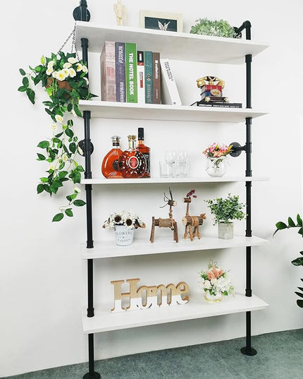 Ladder Pipe Shelves, Wall Mounted Industrial Shelves for Living Room Storage (White, 5 Tier - 10" D x 36" W x 70" H) - LeafyLoom