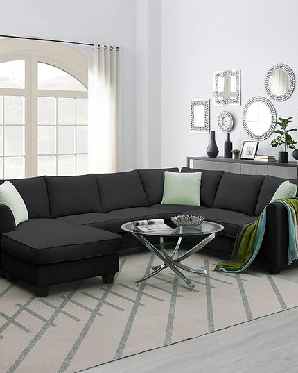 Modern Large U Sectional Sofa, 7 Seat with Movable Ottoman, L Shape Corner Couch for Living Room Furniture Sets Apartment,Office, E-Black - LeafyLoom