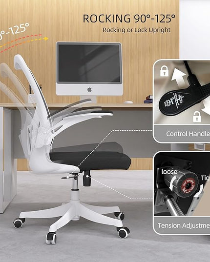 Office Chair - Ergonomic Office Chair with Lumbar Support & Flip Up Arms Home Office Desk Chairs Rockable High Back Swivel Computer Chair White Frame & Black Mesh Study Chair - LeafyLoom