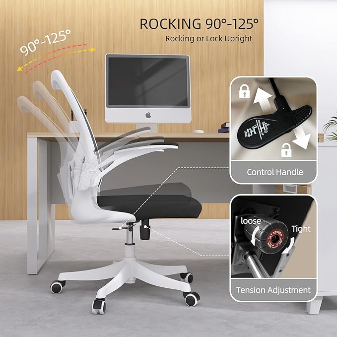 Office Chair - Ergonomic Office Chair with Lumbar Support & Flip Up Arms Home Office Desk Chairs Rockable High Back Swivel Computer Chair White Frame & Black Mesh Study Chair - LeafyLoom