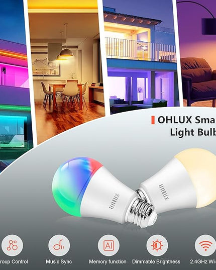 Smart Light Bulbs 8Pack,100W Equivalent Smart Bulb Work with Alexa Google Assistant, RGB Color Changing WiFi Bulb, Music Synic 2.4GHz WiFi & Bluetooth Multicolor A19 E26 110V Dimmable Light Bulbs OHLUX-YourIndoorOutdoorSpaceLightingPartner