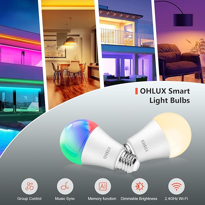 Smart Light Bulbs 8Pack,100W Equivalent Smart Bulb Work with Alexa Google Assistant, RGB Color Changing WiFi Bulb, Music Synic 2.4GHz WiFi & Bluetooth Multicolor A19 E26 110V Dimmable Light Bulbs OHLUX-YourIndoorOutdoorSpaceLightingPartner