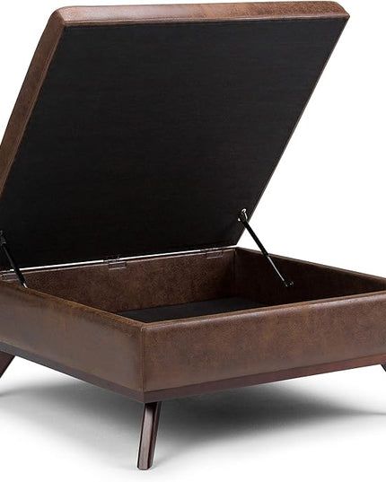 SIMPLIHOME Owen 36 Inch Wide Mid Century Modern Square Coffee Table Lift Top Storage Ottoman in Upholstered Distressed Chestnut Brown Faux Leather, For the Living Room - LeafyLoom