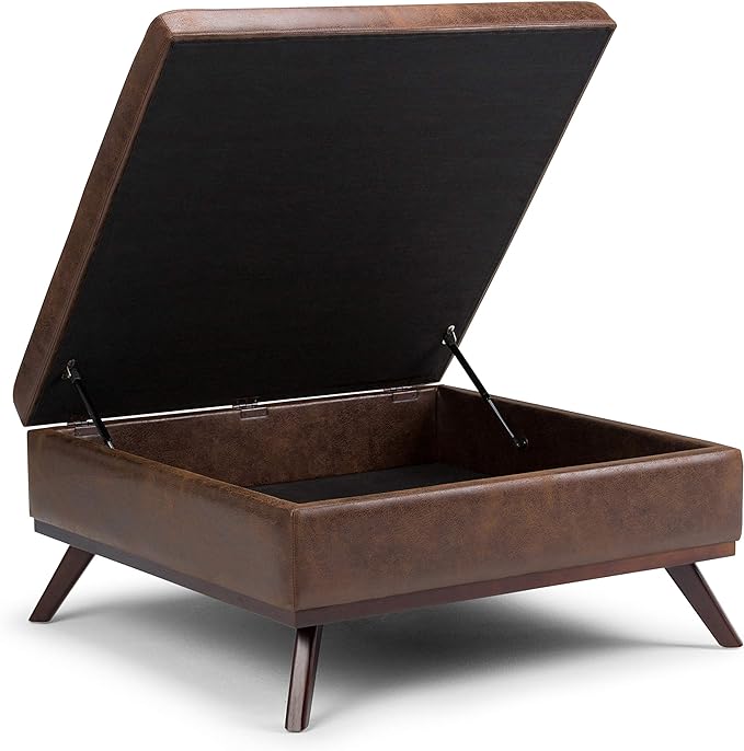SIMPLIHOME Owen 36 Inch Wide Mid Century Modern Square Coffee Table Lift Top Storage Ottoman in Upholstered Distressed Chestnut Brown Faux Leather, For the Living Room - LeafyLoom