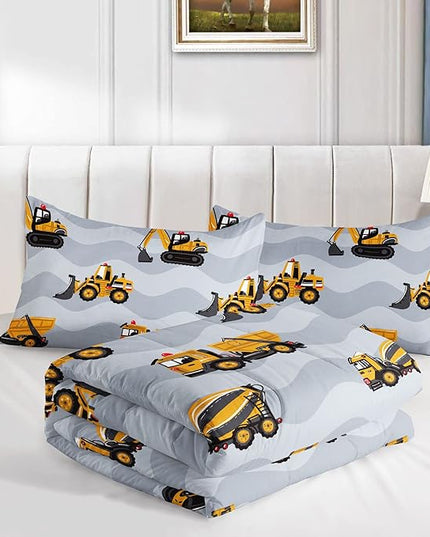 Datura home Construction Truck Comforter Set for Boys Kids Children,Grey Machinery Truck Excavators Vehicles Cartoon Tractor Bedding Set with 1 Comforter and 2 Pillowcases(Truck Grey Full) 80x90in - LeafyLoom