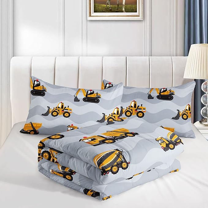 Datura home Construction Truck Comforter Set for Boys Kids Children,Grey Machinery Truck Excavators Vehicles Cartoon Tractor Bedding Set with 1 Comforter and 2 Pillowcases(Truck Grey Full) 80x90in - LeafyLoom