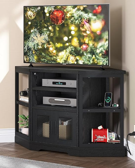 YITAHOME Corner TV Stand for TVs up to 55/50 Inch with Power Outlet, Modern Farmhouse Entertainment Center, Wood TV Media Console with Storage Cabinets Shelves for Living Room, 47" Black - LeafyLoom