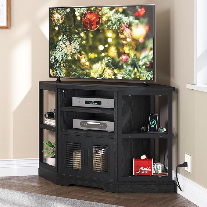 YITAHOME Corner TV Stand for TVs up to 55/50 Inch with Power Outlet, Modern Farmhouse Entertainment Center, Wood TV Media Console with Storage Cabinets Shelves for Living Room, 47" Black - LeafyLoom
