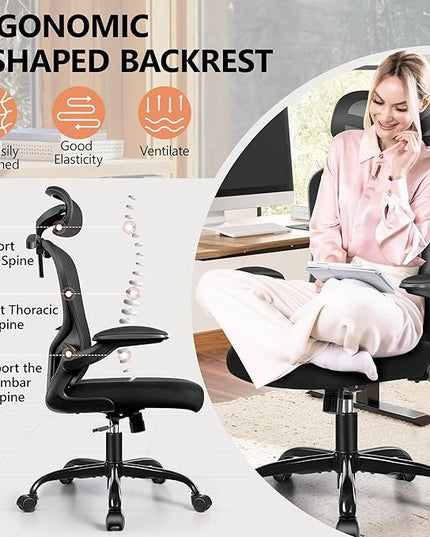 FelixKing Office Chair with Headrest, Ergonomic Desk Chair with Wheels, Task Swivel Comfy Chair with Adjustable Lumbar Support, Breathable Mesh Computer Chair with flip-up Armrests (Black) - LeafyLoom