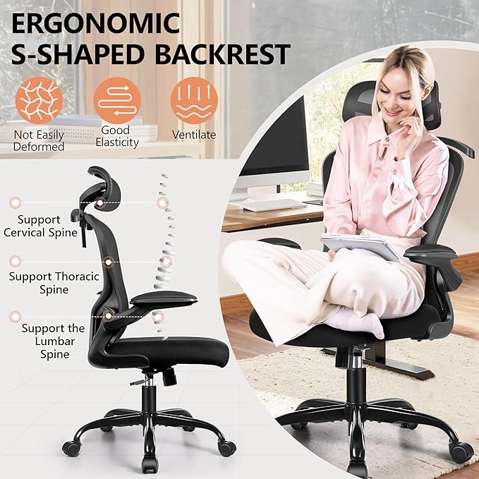 FelixKing Office Chair with Headrest, Ergonomic Desk Chair with Wheels, Task Swivel Comfy Chair with Adjustable Lumbar Support, Breathable Mesh Computer Chair with flip-up Armrests (Black) - LeafyLoom