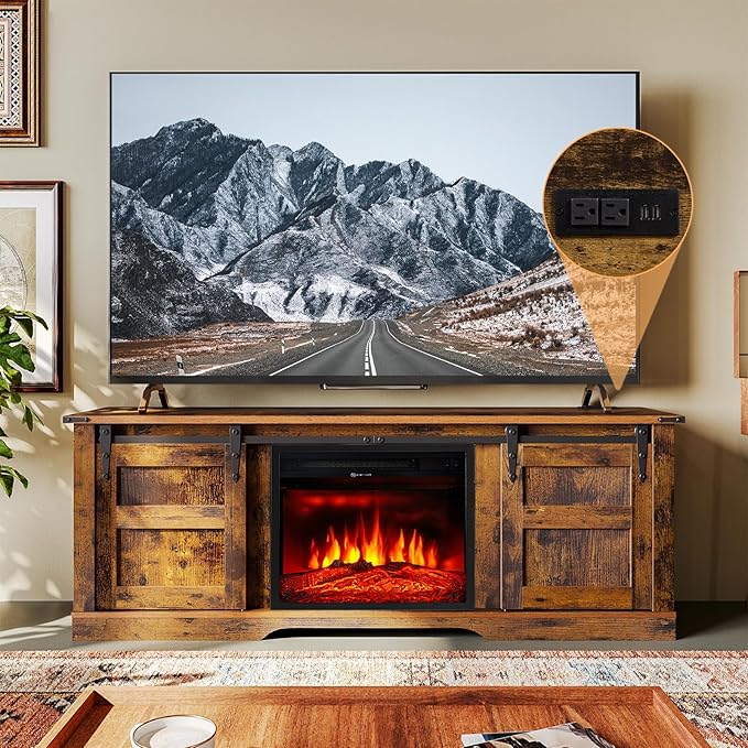 oneinmil Fireplace TV Stand with 18” Electric Fireplace, 58” TV Console Stand for TVs Up to 65", LED Light Entertainment Center, Fireplace for The Living Room TV Stand, Brown - LeafyLoom