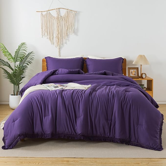 Andency Purple Comforter Set Full, 3 Pieces Boho Tassel Lightweight Bedding Comforter Sets, All Season Soft Fluffy Fringe Bed Set (79x90In Comforter & 2 Pillowcases) - LeafyLoom