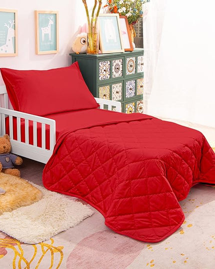 NTBAY Toddler Bedding Set - 4 Piece Soft and Breathable Crib Bedding Set for Boys and Girls, Includes Quilted Comforter, Fitted Sheet, Flat Top Sheet and Envelope Pillowcase, Wine Red - LeafyLoom