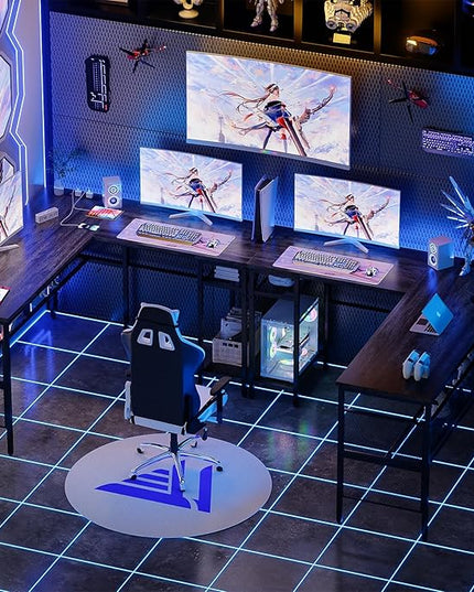 Reversible L Shaped Gaming Desk, Large Corner Computer Desk with Power Outlets and USB Ports, Sturdy Home Office Table with Storage Shelf, Attractive Grid Design Writing Desk, Black Oak - LeafyLoom
