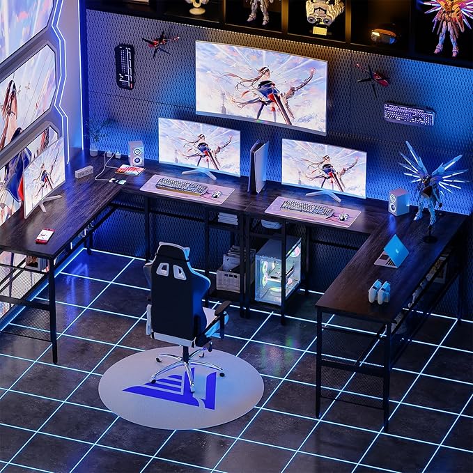 Reversible L Shaped Gaming Desk, Large Corner Computer Desk with Power Outlets and USB Ports, Sturdy Home Office Table with Storage Shelf, Attractive Grid Design Writing Desk, Black Oak - LeafyLoom