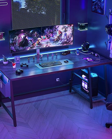 armocity Computer Desk with LED Lights, Reversible Desk with Power Outlet, 55'' Desk with Storage Shelves, Gaming Desk with Moveable Monitor Stand and Storage Bag for Home Office Workstation, Grey - LeafyLoom