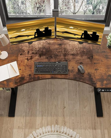 Dual Motor Electric Standing Desk - 63 x 30 Inch Adjustable Height Sit Stand Computer Desk with Splice Board, Stand Up Desk Table for Home Office, Rustic Brown Top(with Radian) - LeafyLoom