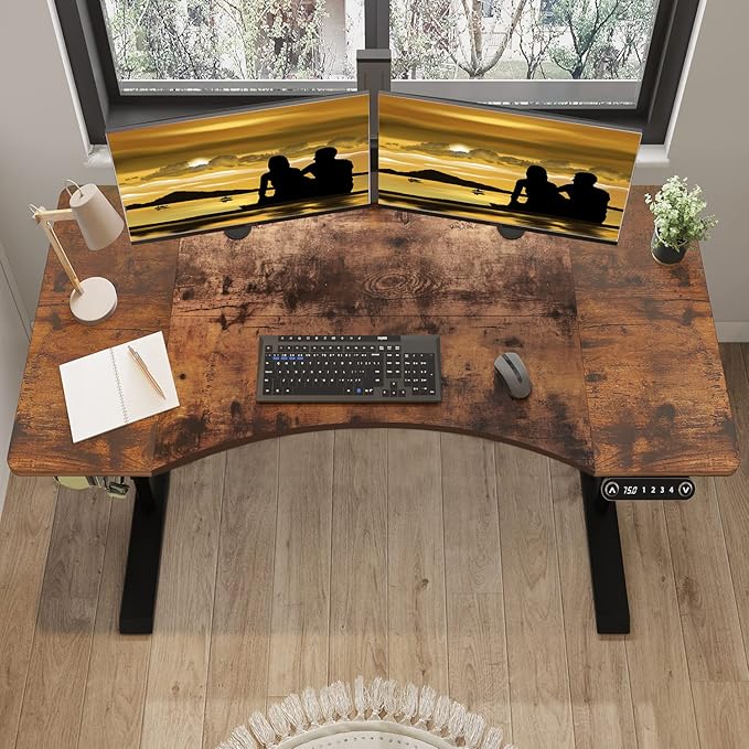 Dual Motor Electric Standing Desk - 63 x 30 Inch Adjustable Height Sit Stand Computer Desk with Splice Board, Stand Up Desk Table for Home Office, Rustic Brown Top(with Radian) - LeafyLoom