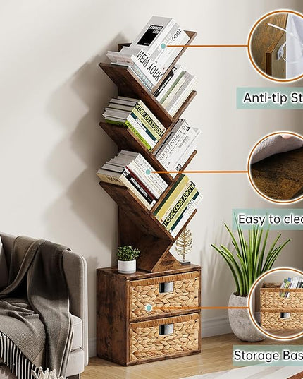 Vagusicc 6 Tier Tree Bookshelf, Modern Floor Standing Bookcase with Storage Drawer, Space Saving Storage Organizer Book Shelves for Books, Tall Wood Storage Rack for Bedroom/Living Room/Home Office - LeafyLoom