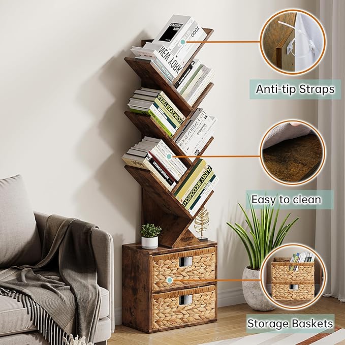Vagusicc 6 Tier Tree Bookshelf, Modern Floor Standing Bookcase with Storage Drawer, Space Saving Storage Organizer Book Shelves for Books, Tall Wood Storage Rack for Bedroom/Living Room/Home Office - LeafyLoom