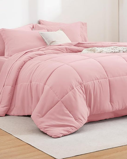 Bedsure Pink Full Size Comforter Set - 7 Pieces Solid Full Bed in a Bag, Full Bed Set Pink with Comforters, Sheets, Pillowcases & Shams - LeafyLoom