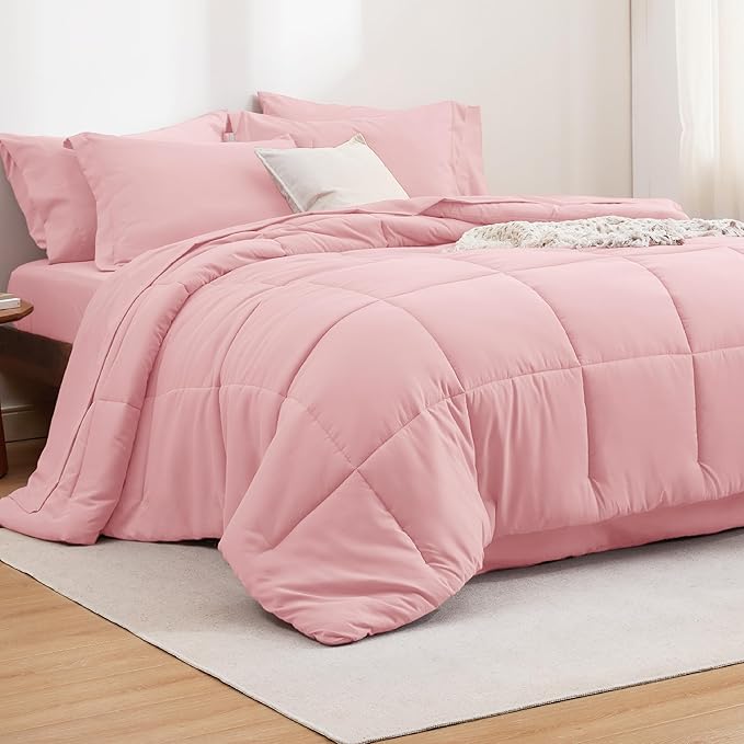 Bedsure Pink Full Size Comforter Set - 7 Pieces Solid Full Bed in a Bag, Full Bed Set Pink with Comforters, Sheets, Pillowcases & Shams - LeafyLoom