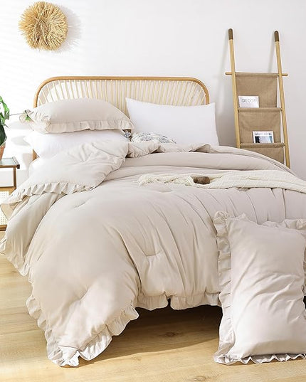 JANZAA Queen Size Comforter Beige Ruffle Comforter Set for Queen Bed 3PCS (1 Off White Comforter and 2 Pillowcases) Vintage Shabby Chic Bedding Soft Fluffy Bed Set for All Season - LeafyLoom