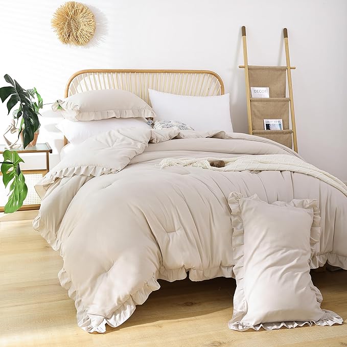 JANZAA King Size Comforter Set Beige Ruffle Comforter 3PCS Soft Fluffy Boho Comforter Vintage Farmhouse Bed Set Shabby Chic Bedding with 2 Pillowcases for All Season - LeafyLoom