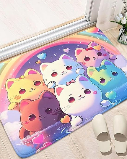 Rainbow Cat Rug for Girls - Colorful Cat Rug for Kids Bedroom Cute Cartoon Cat Pattern Rug Lovely Cat Rugs Room Decor Anime Cat Area Rug, 2x3 Feet - LeafyLoom