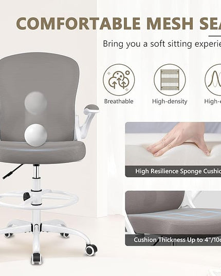 Drafting Chair, Tall Office Chair Ergonomic Standing Desk chair, Lumbar Support Computer Chair Swivel Task Rolling Chair with Adjustable Flip-up Armrests & Foot Ring (Gray) - LeafyLoom