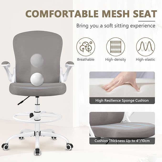 Drafting Chair, Tall Office Chair Ergonomic Standing Desk chair, Lumbar Support Computer Chair Swivel Task Rolling Chair with Adjustable Flip-up Armrests & Foot Ring (Gray) - LeafyLoom