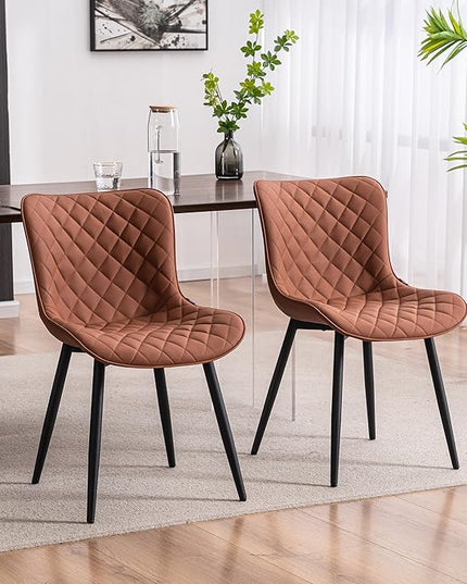 YOUTASTE Coffee Brown Dining Chairs Set of 2 Mid Century Modern PU Leather Diamond Upholstered Accent Guest Dinner Chair with Back Metal Legs for Kitchen Living Reception Waiting Room - LeafyLoom