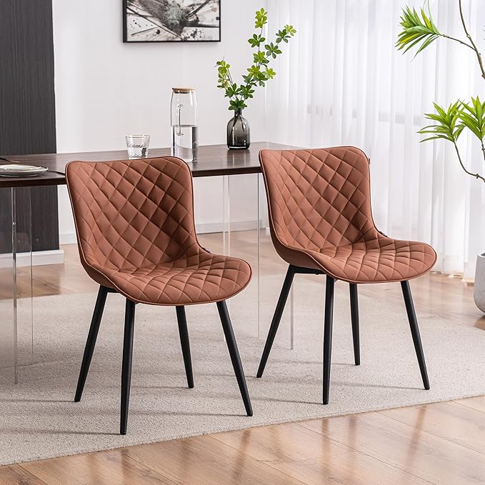 YOUTASTE Coffee Brown Dining Chairs Set of 2 Mid Century Modern PU Leather Diamond Upholstered Accent Guest Dinner Chair with Back Metal Legs for Kitchen Living Reception Waiting Room - LeafyLoom