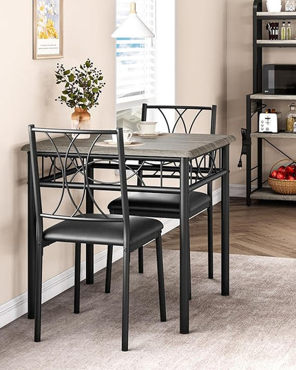 Dining Table Set for 2, 3 Piece Kitchen Table Set with 2 Upholstered Chairs, Square Kitchen Table Set for Small Space, Apartment, Dining Room, Retro Gray - LeafyLoom