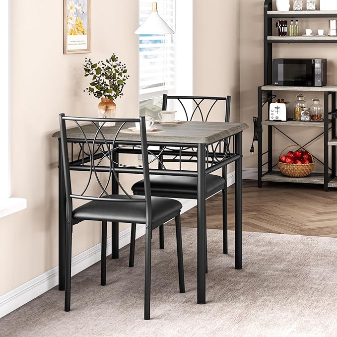 Dining Table Set for 2, 3 Piece Kitchen Table Set with 2 Upholstered Chairs, Square Kitchen Table Set for Small Space, Apartment, Dining Room, Retro Gray - LeafyLoom